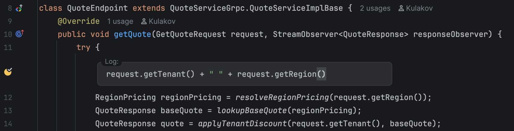 IntelliJ IDEA editor showing an inline Log field for a logpoint expression between two Java statements