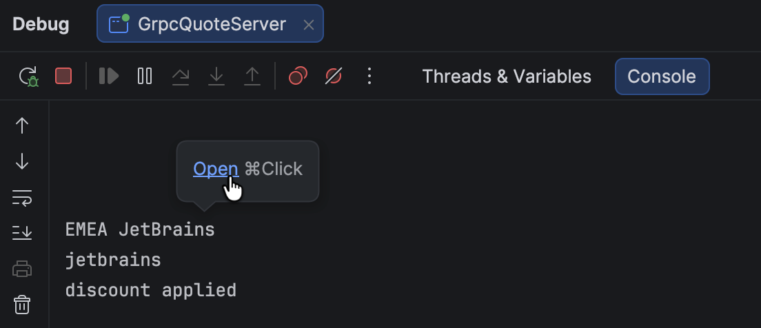 IntelliJ IDEA debug console showing logpoint output with an Open popup that navigates back to the code