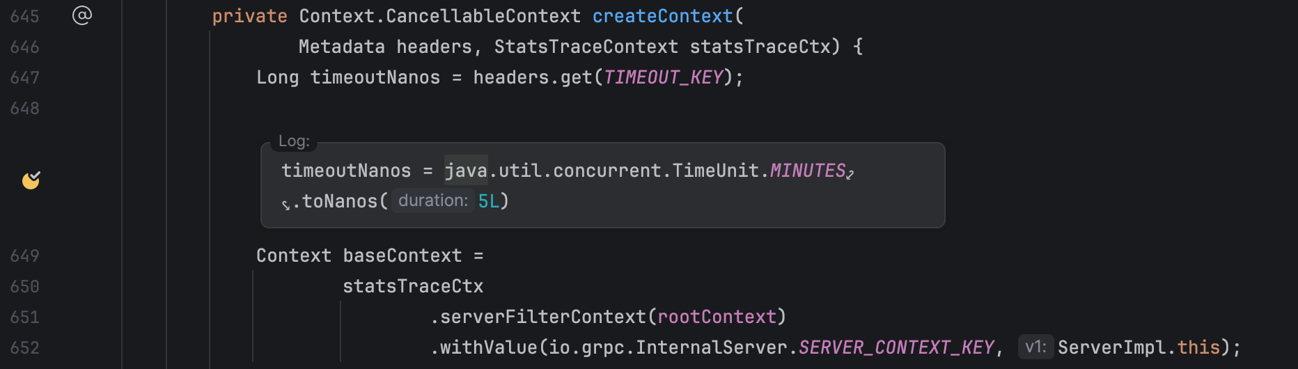 IntelliJ IDEA editor showing a logpoint that changes timeoutNanos in ServerImpl.createContext