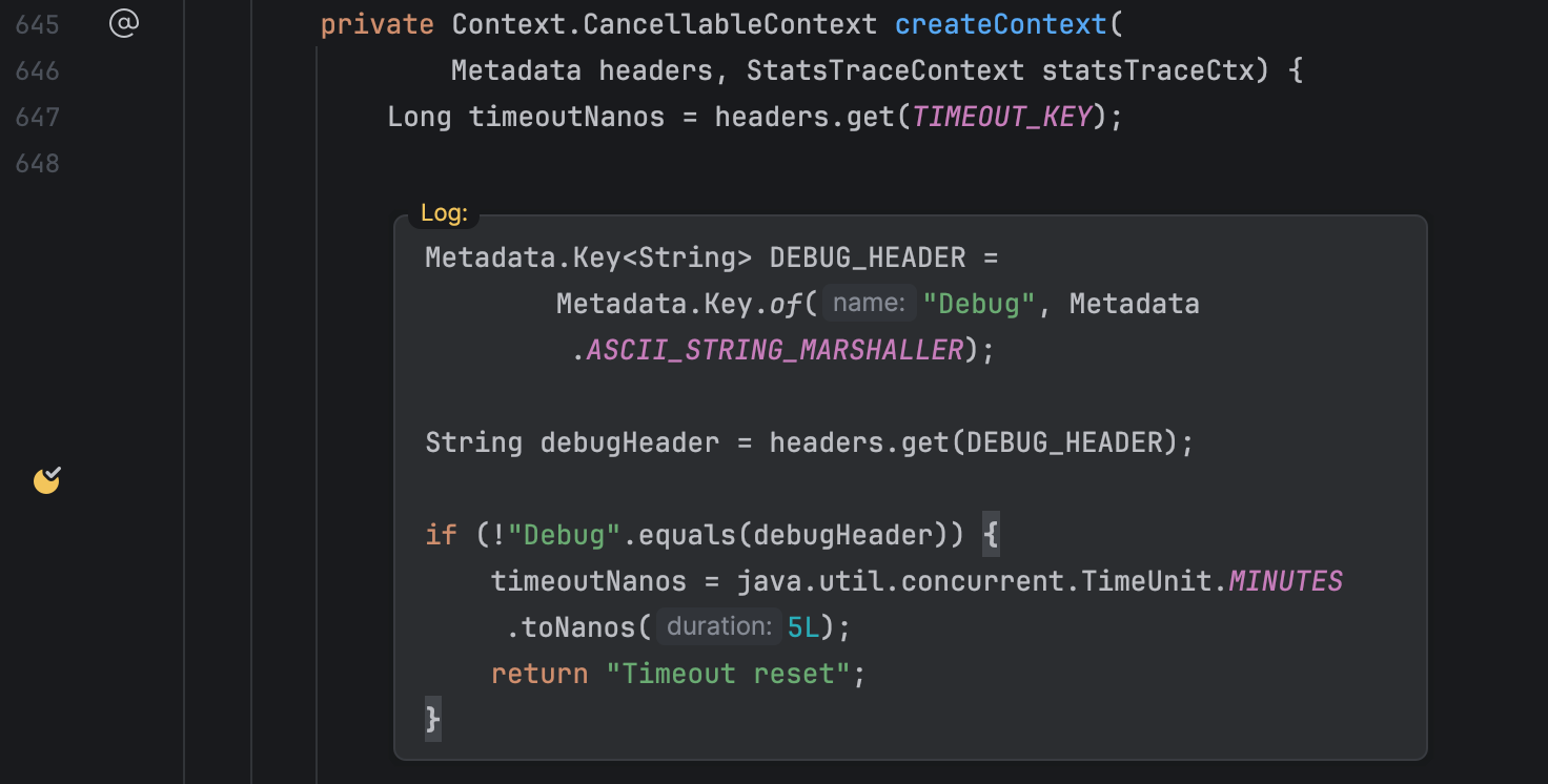 IntelliJ IDEA editor showing a multiline logpoint that extends timeoutNanos only for requests with a Debug header