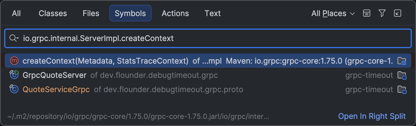 IntelliJ IDEA Search Everywhere dialog showing the io.grpc.internal.ServerImpl.createContext symbol