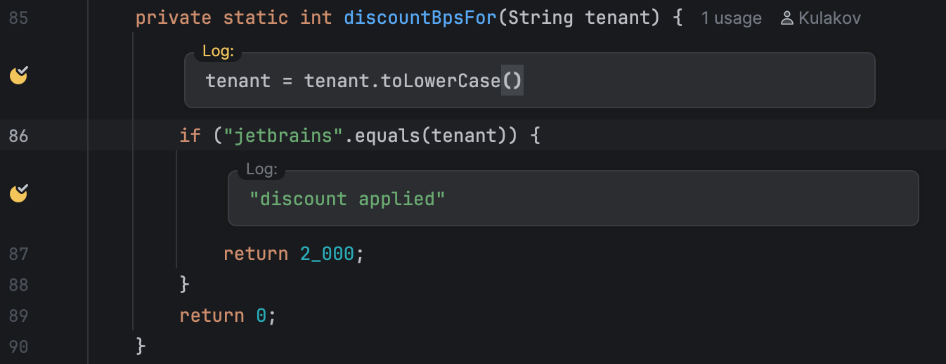 IntelliJ IDEA editor showing a logpoint that normalizes the tenant name before the discount check