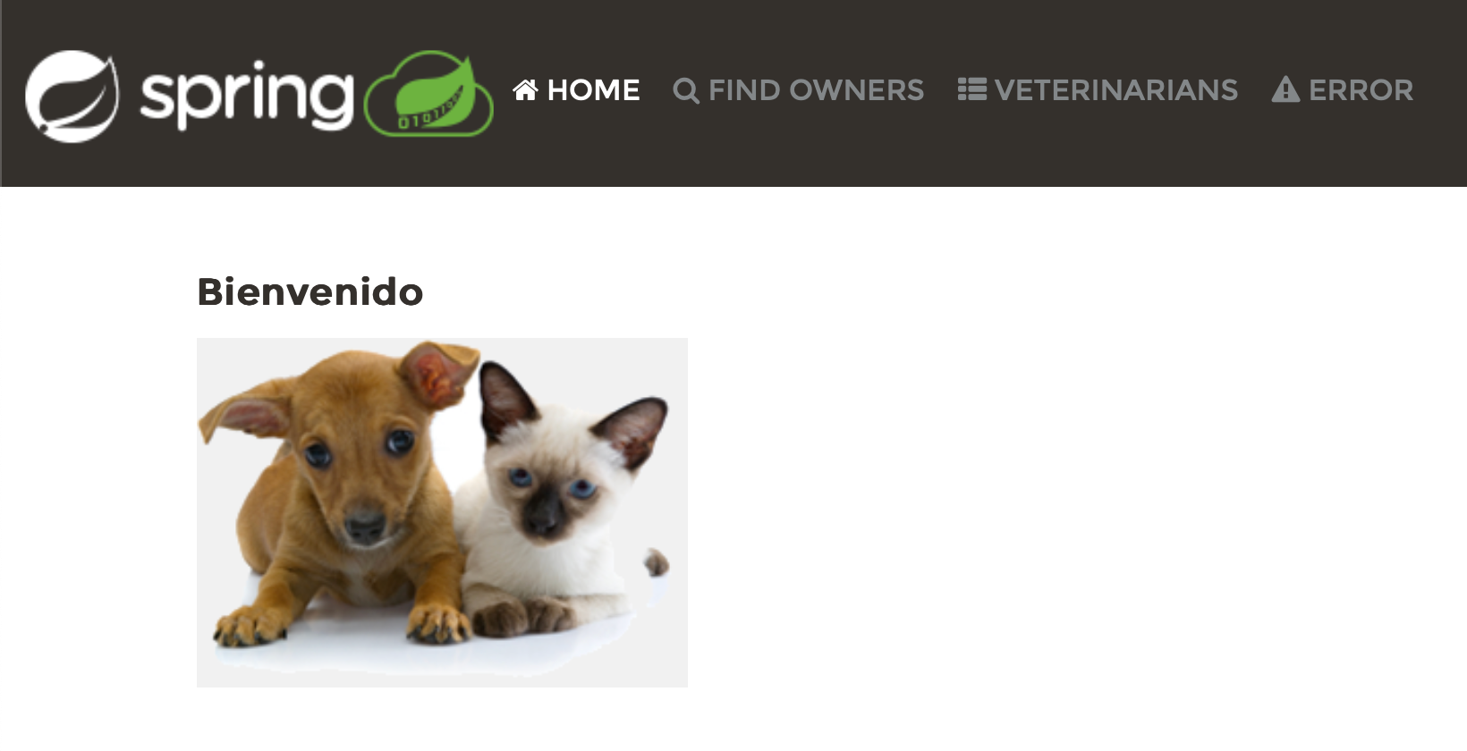 Spring Petclinic home page with welcome message in Spanish and the rest in English
