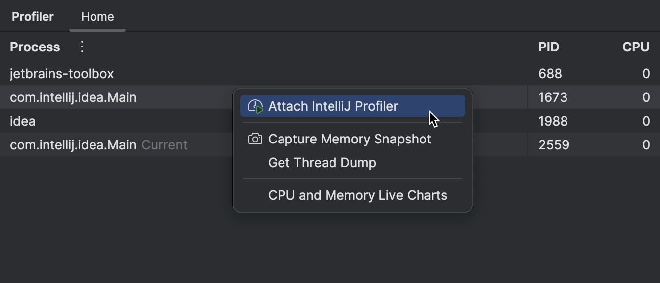 Hacer clic en el proceso en la ventana de herramientas 'Profiler' revela un menú con la opción 'Adjuntar IntelliJ Profiler'