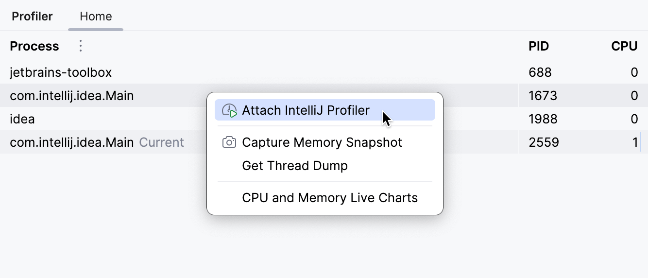 Clicking on the process in the 'Profiler' tool window reveals a menu with the 'Attach IntelliJ Profiler' option