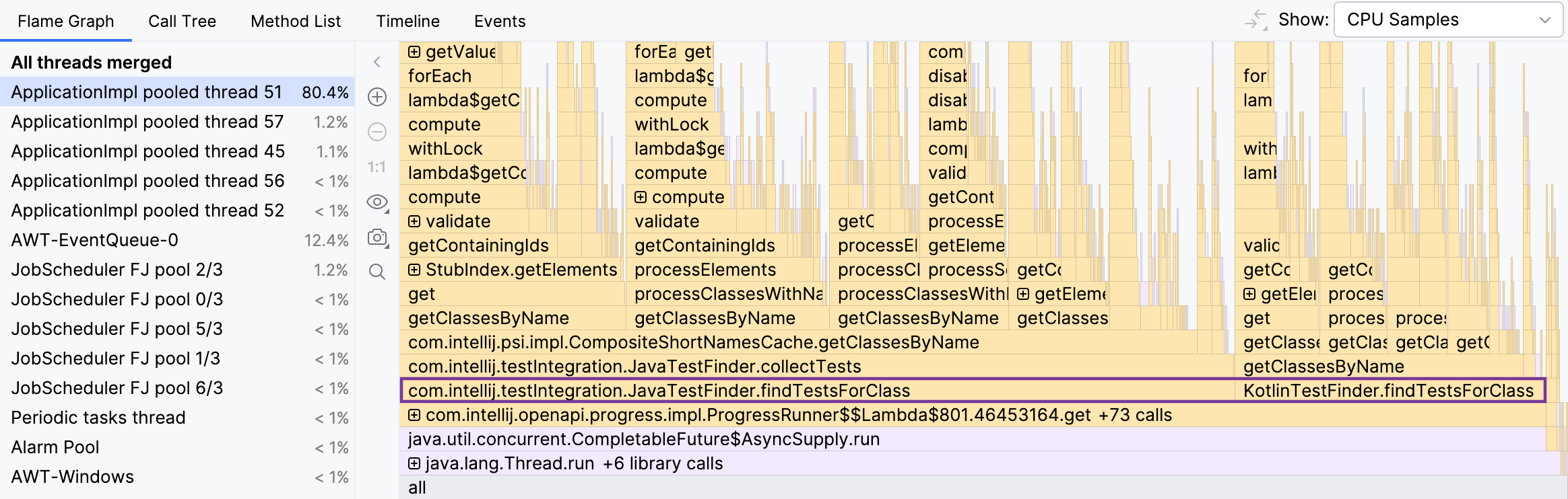 Flame graph with two highlighted methods that occupy almost the entire graph's width