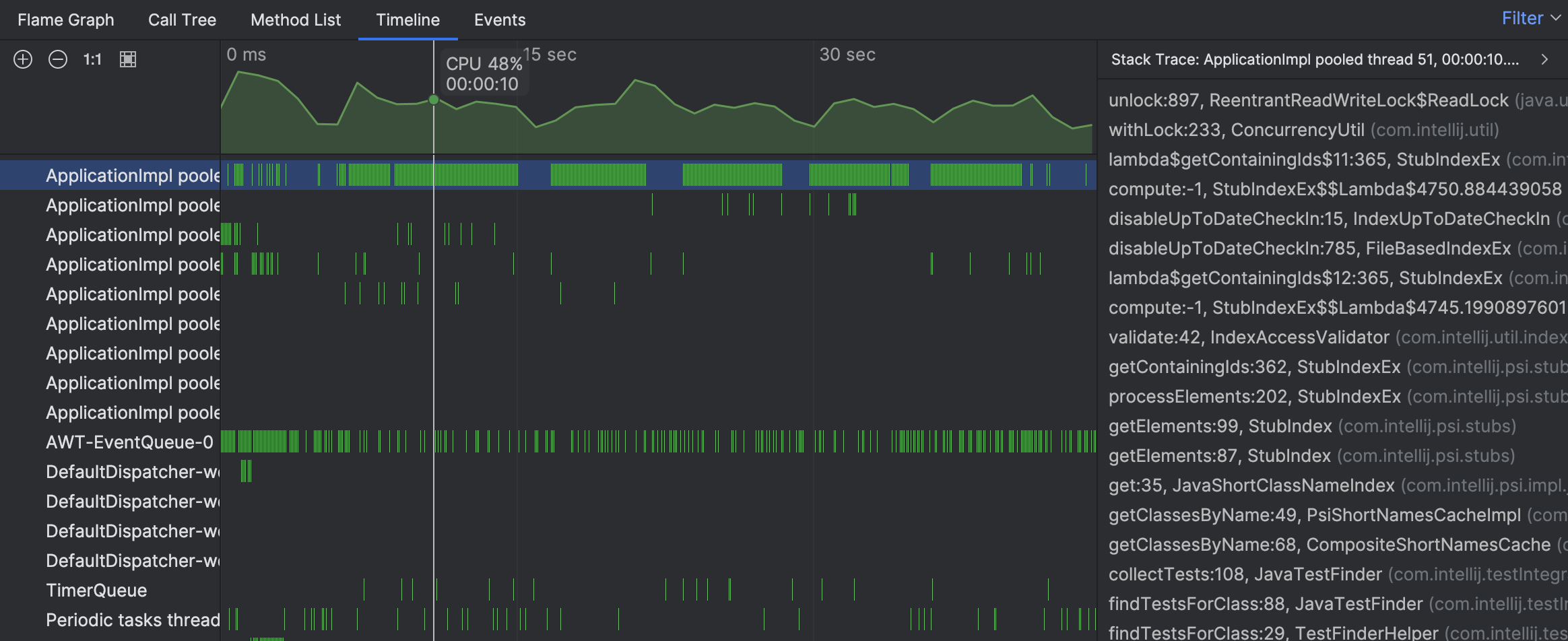 Clicking a colored bar shows the stack trace in the right-hand side of the tool window