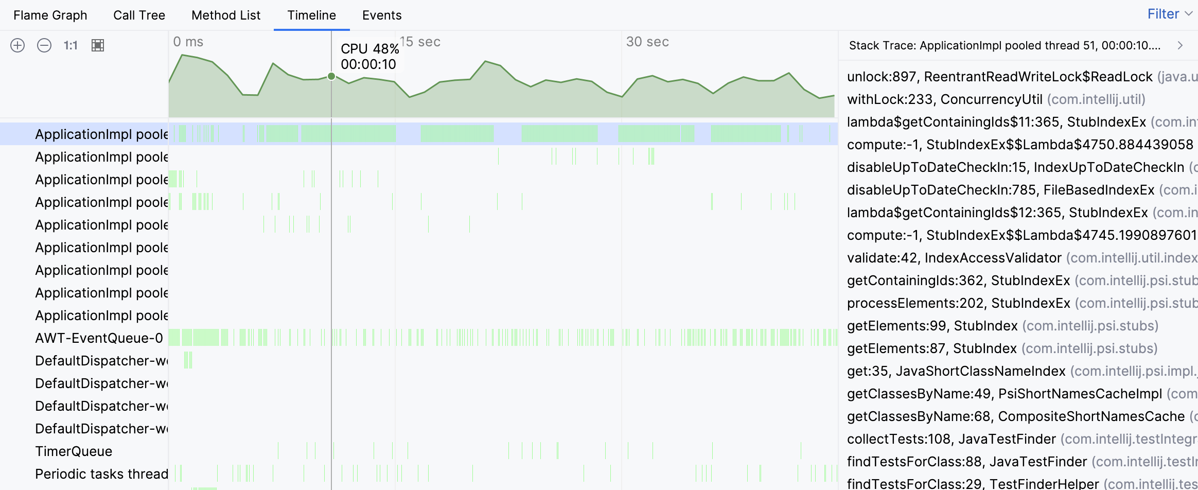 Clicking a colored bar shows the stack trace in the right-hand side of the tool window