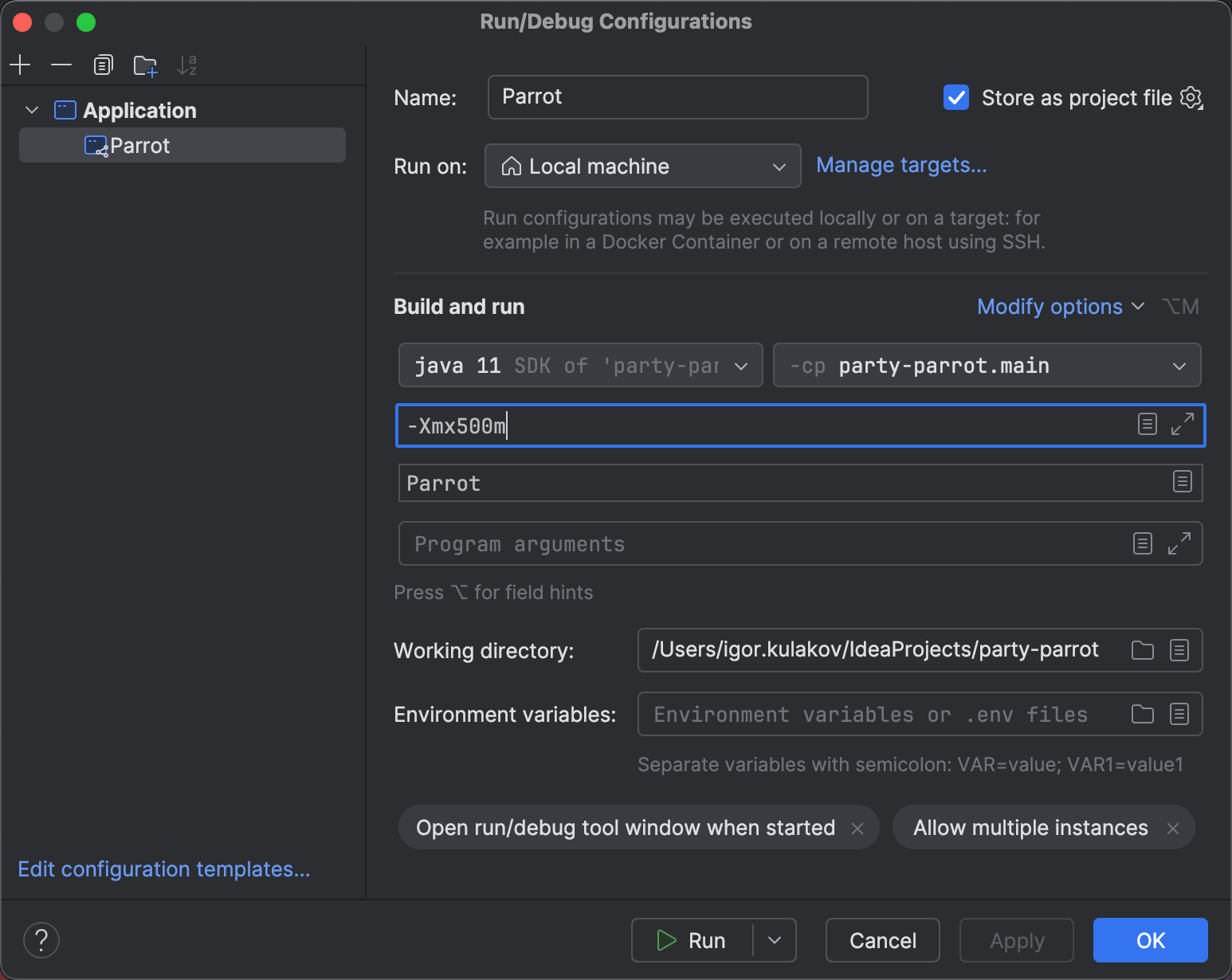 Adding -Xmx500m VM option in the 'Run/Debug Configurations' dialog