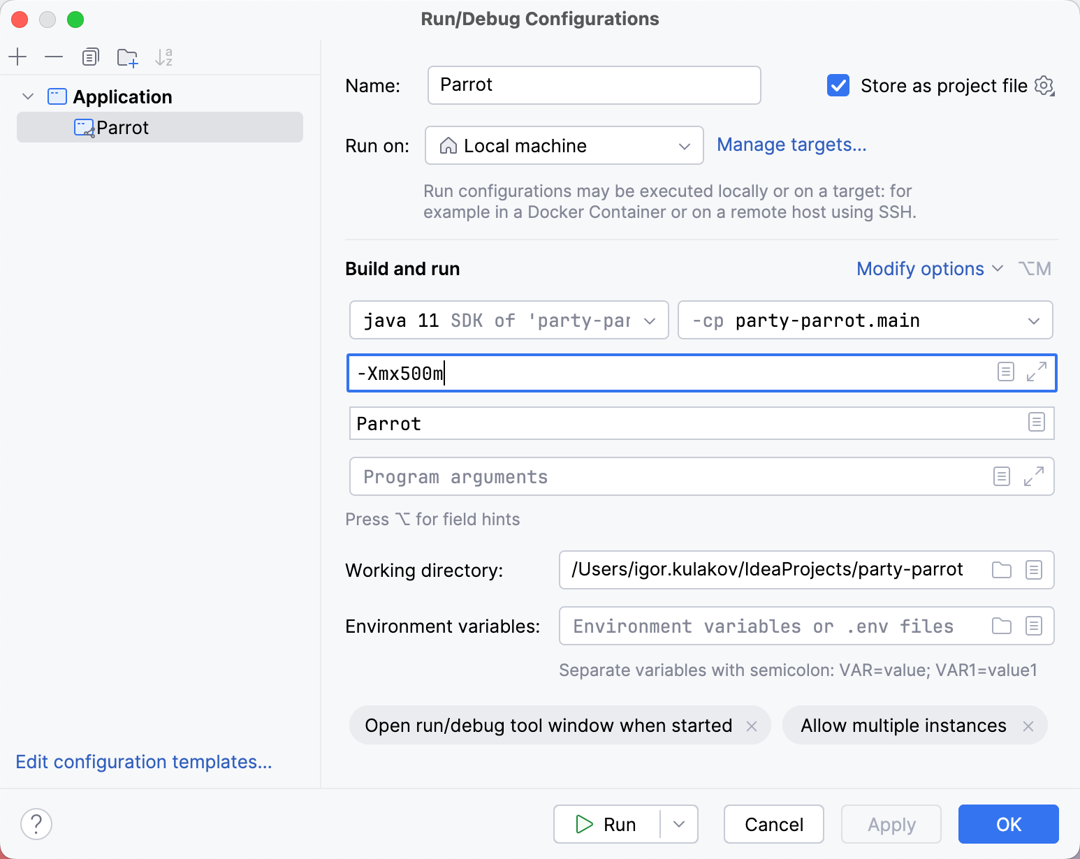 Adicionando a opção VM -Xmx500m na janela do dialogo 'Run/Debug Configurations'