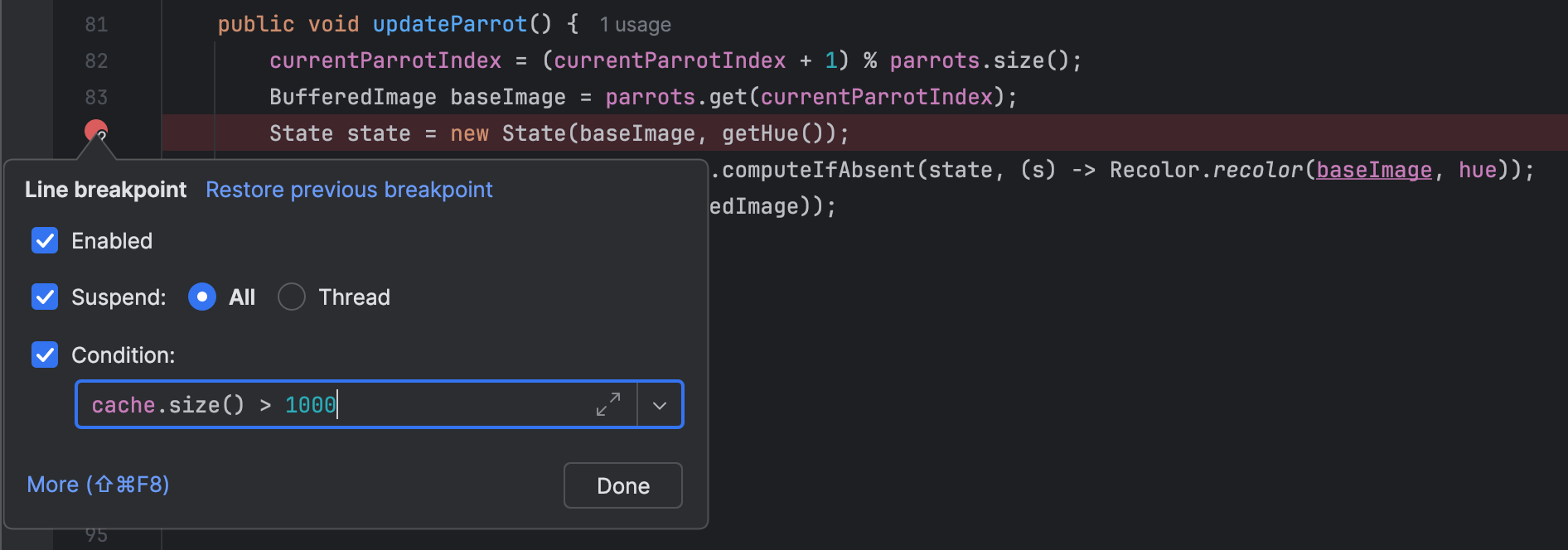 Breakpoint settings dialog with the condition 'cache.size() > 1000'