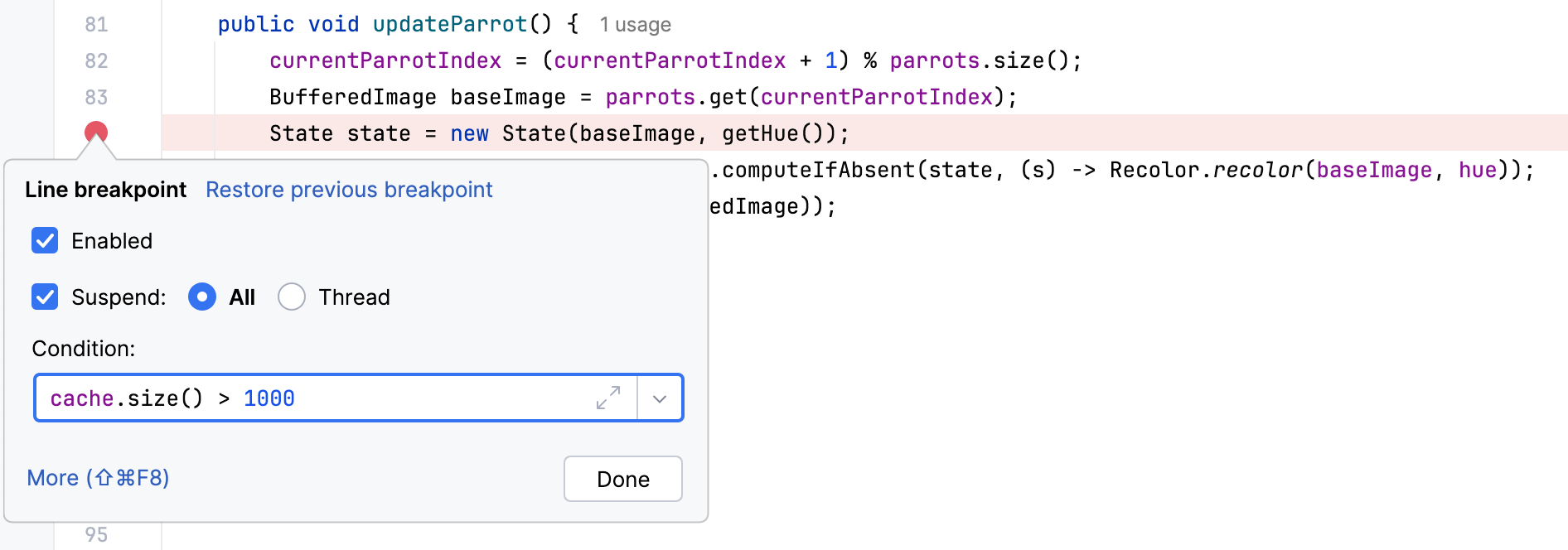 Breakpoint settings dialog with the condition 'cache.size() > 1000'