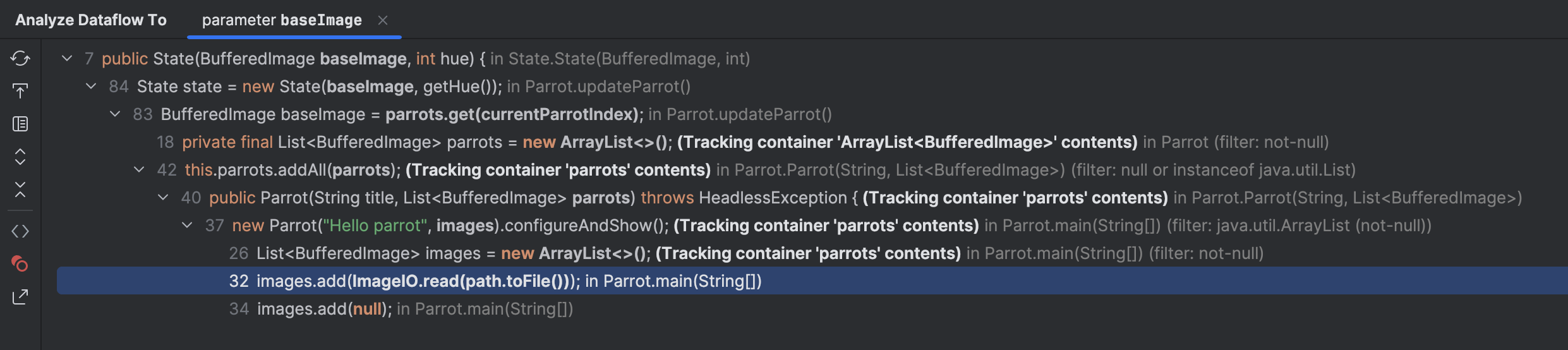 La ventana de herramienta 'Analyze dataflow to' muestra las posibles fuentes de valores como nodos