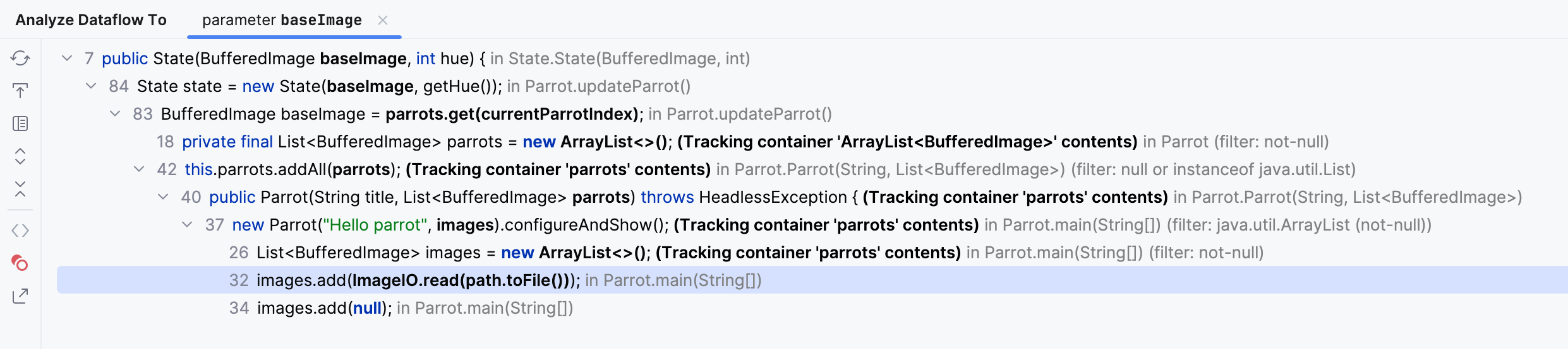 'Analyze dataflow to' 工具窗口显示可能的值来源作为节点