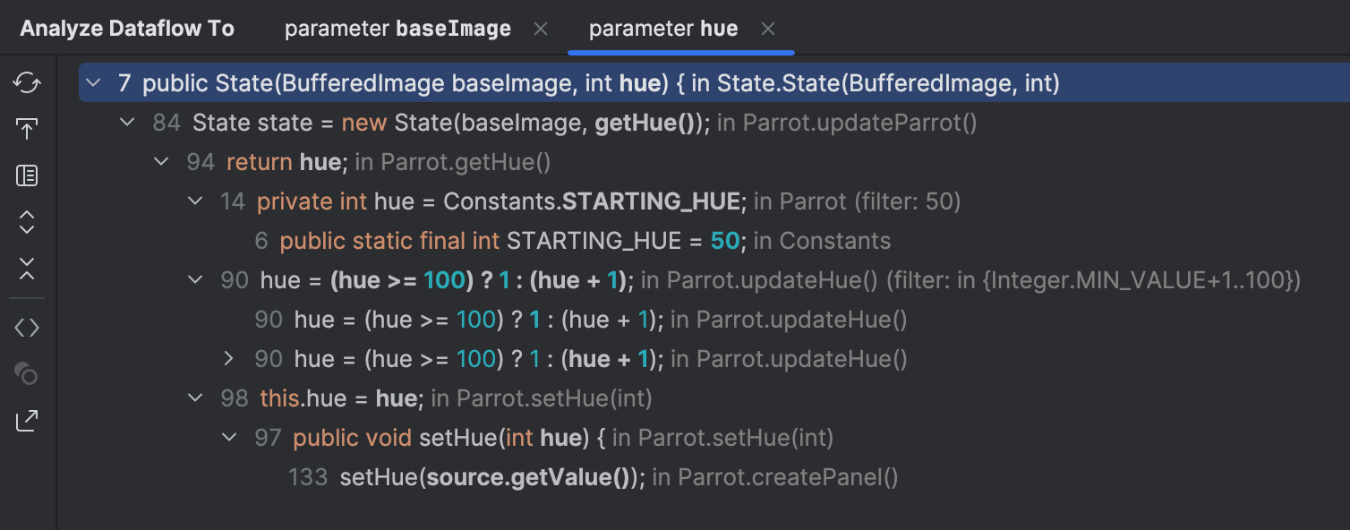 'Analyze dataflow to' tool window shows possible sources of values as nodes