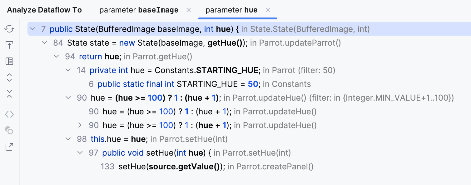 'Analyze dataflow to' tool window shows possible sources of values as nodes