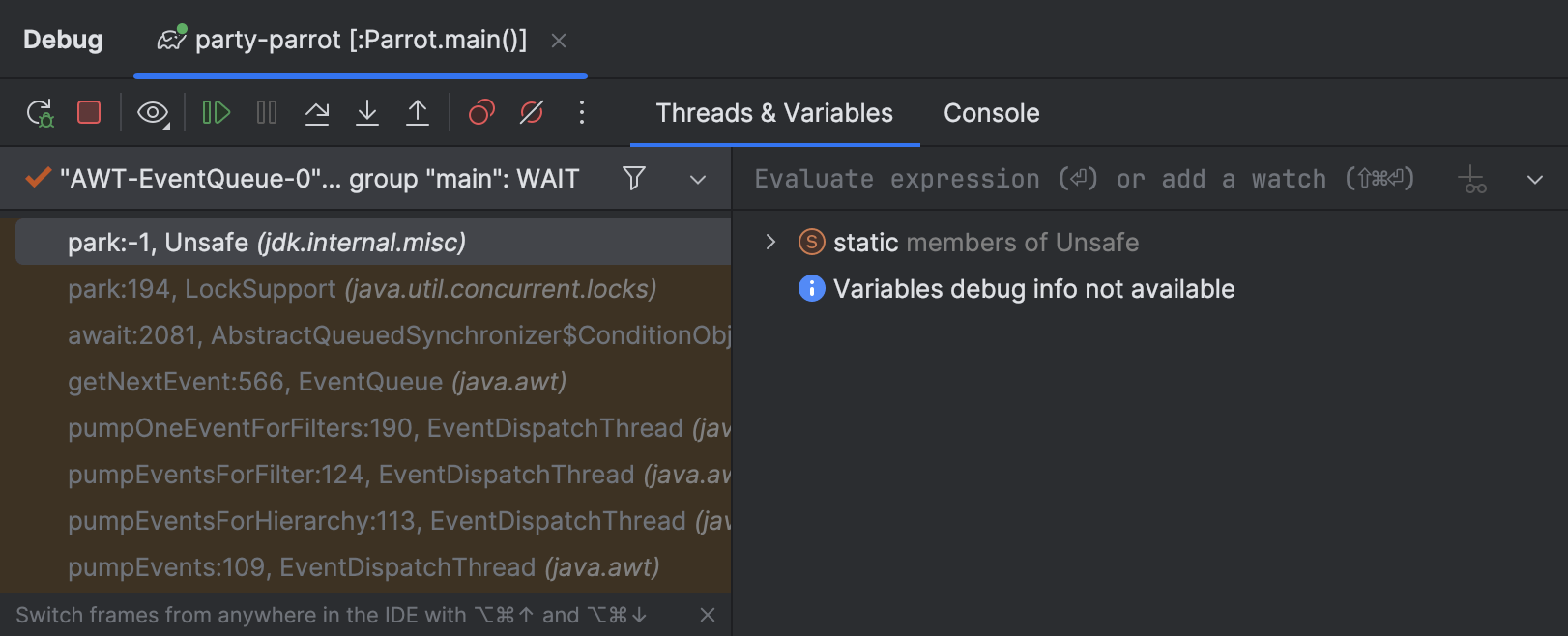 Threads view in the debugger shows a stack, which seems unrelated to the bug