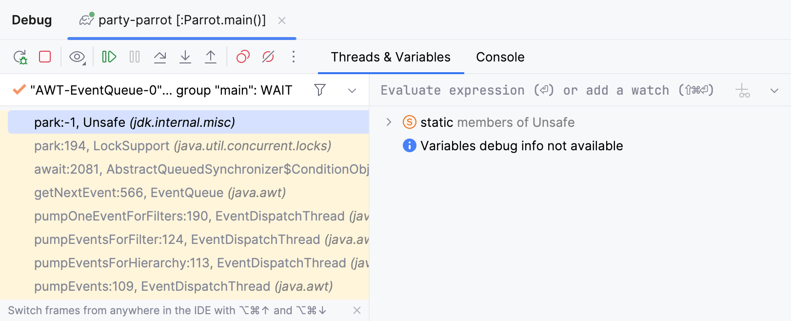 Threads view in the debugger shows a stack, which seems unrelated to the bug