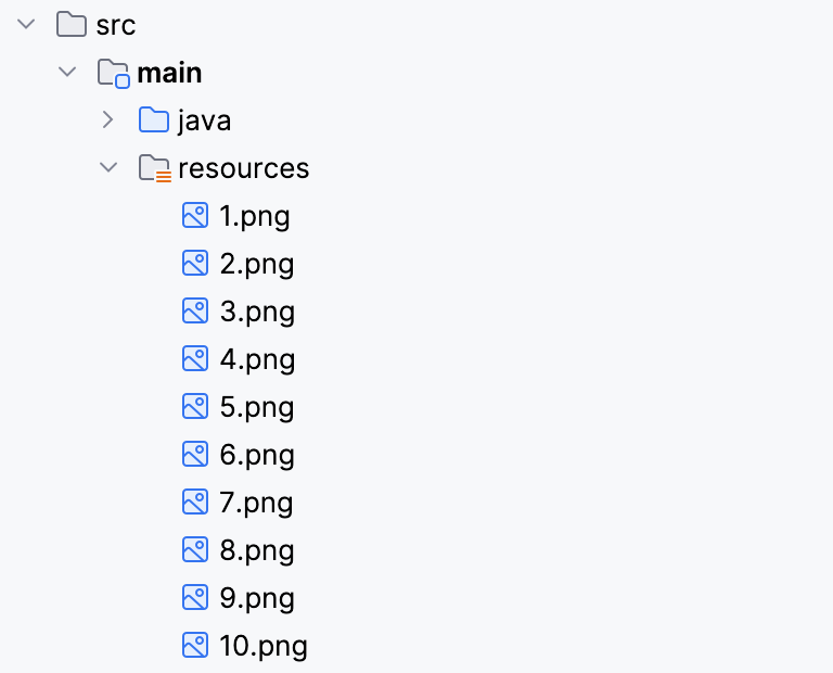 10 arquivos de imagem em src/main/java na janela de ferramentas 'Projeto'