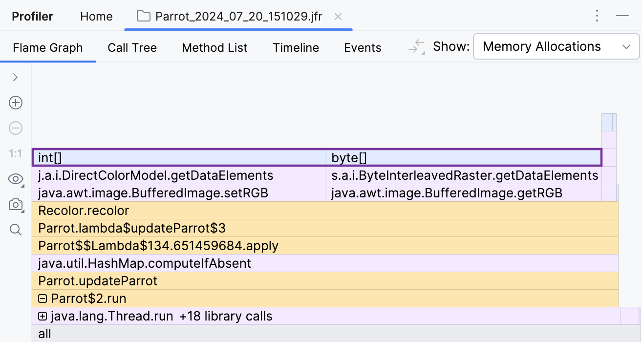 The two largest frames in the allocation graph are int[] and byte[]