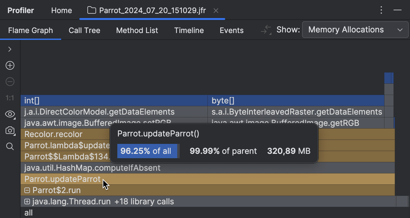 Pointing at the updateParrot() method on the flame graph