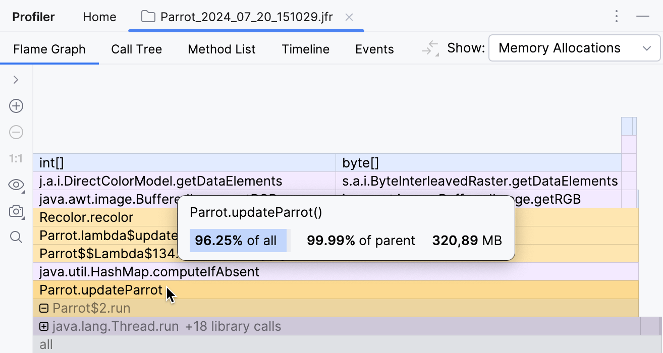 Apontando para o método updateParrot() no flame graph