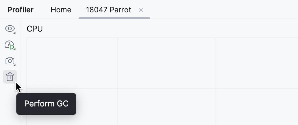 'Perform GC' botão na barra de ferramentas de 'CPU and Memory Live Charts'