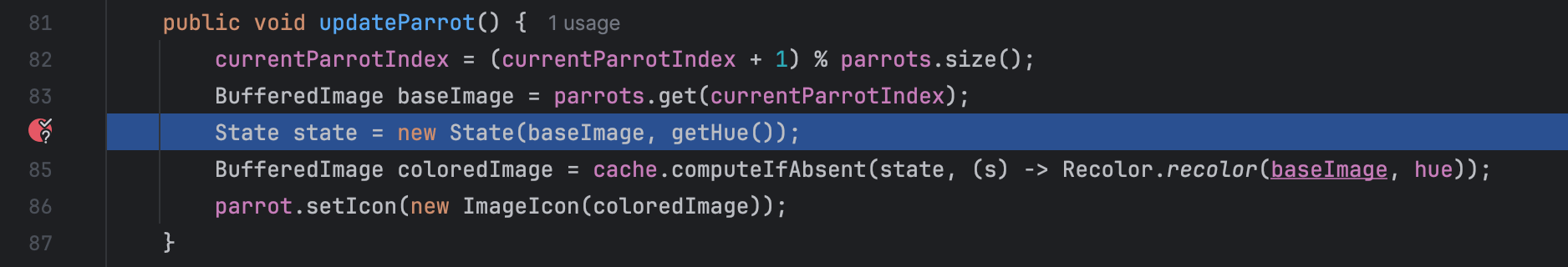 A highlighted line indicates that breakpoint worked and the debugger suspended the application