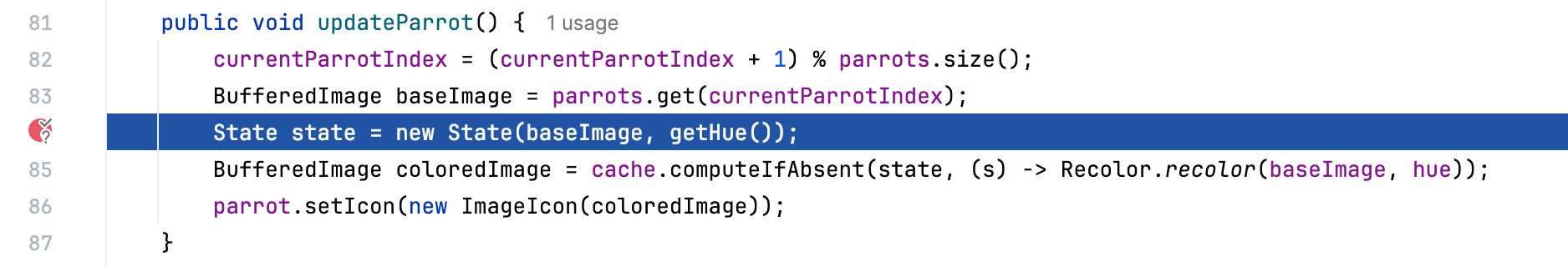 A highlighted line indicates that breakpoint worked and the debugger suspended the application