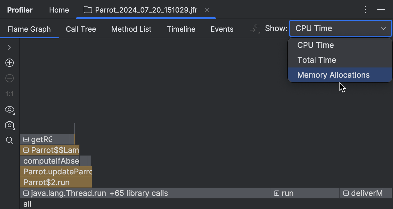 O item 'Alocações de Memória' no menu 'Mostrar' no canto superior direito da janela de ferramentas 'Profiler'