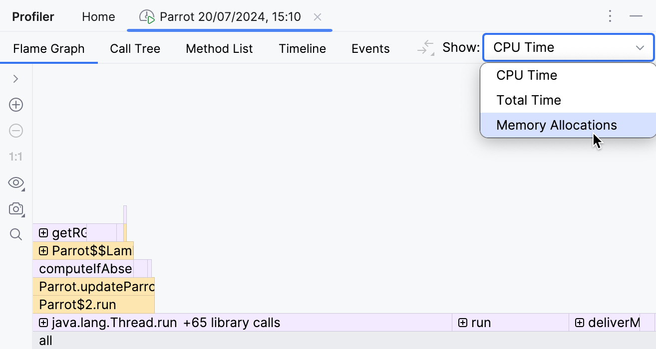 The 'Memory Allocations' item in the 'Show' menu in the top-right corner of the 'Profiler' tool window