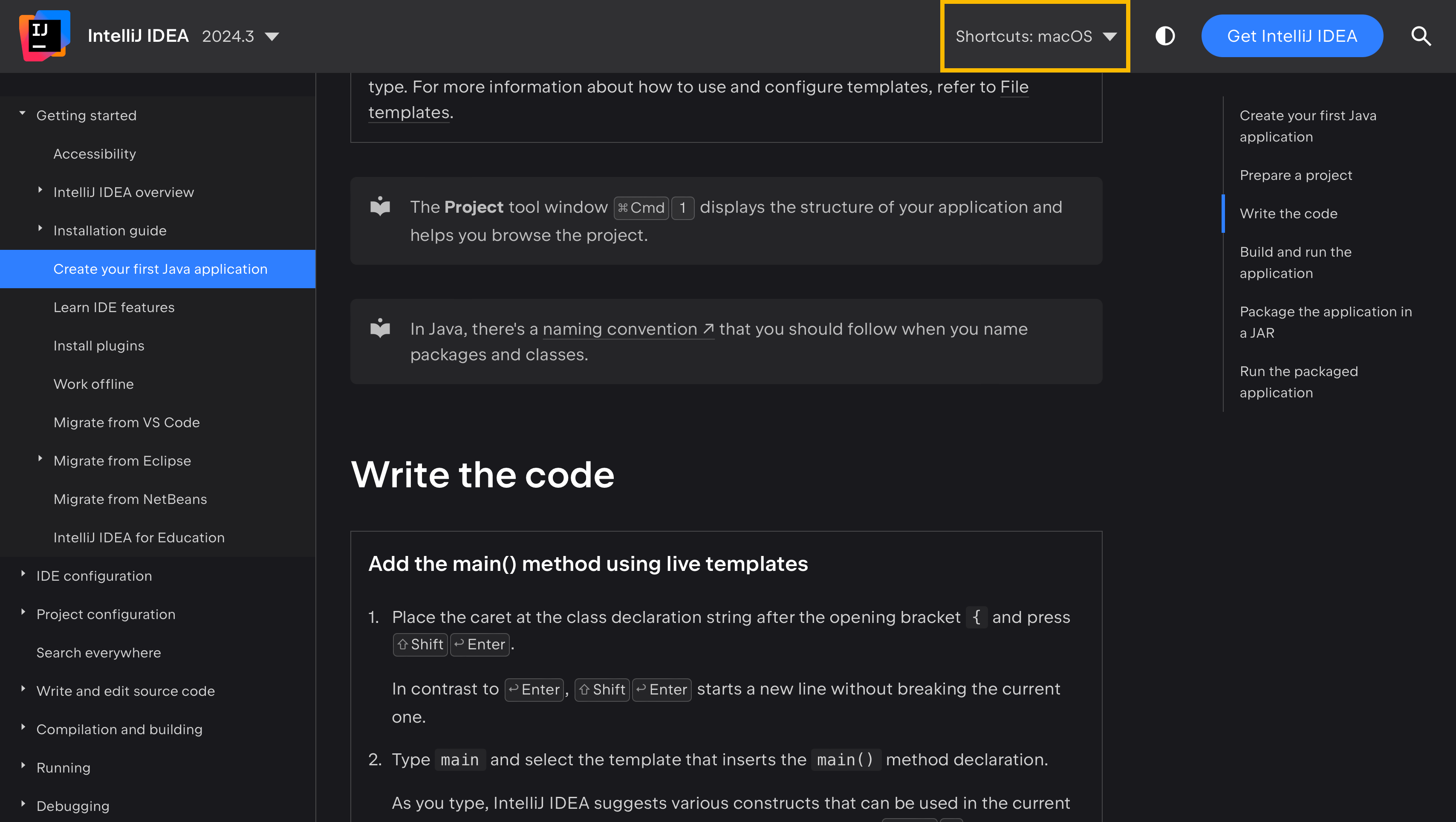 Página de ajuda do IntelliJ IDEA com o menu 'Shortcuts' no cabeçalho da página