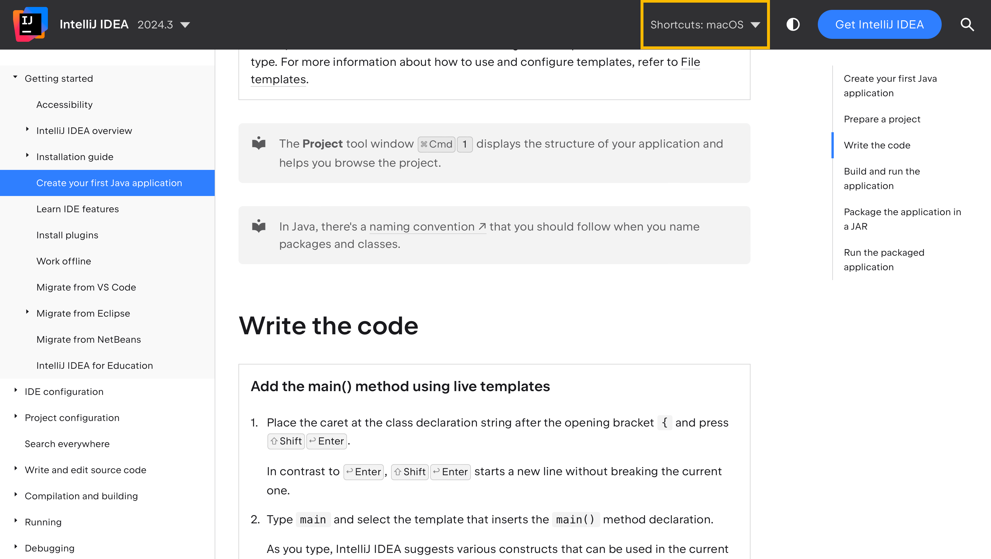 Página de ajuda do IntelliJ IDEA com o menu 'Shortcuts' no cabeçalho da página