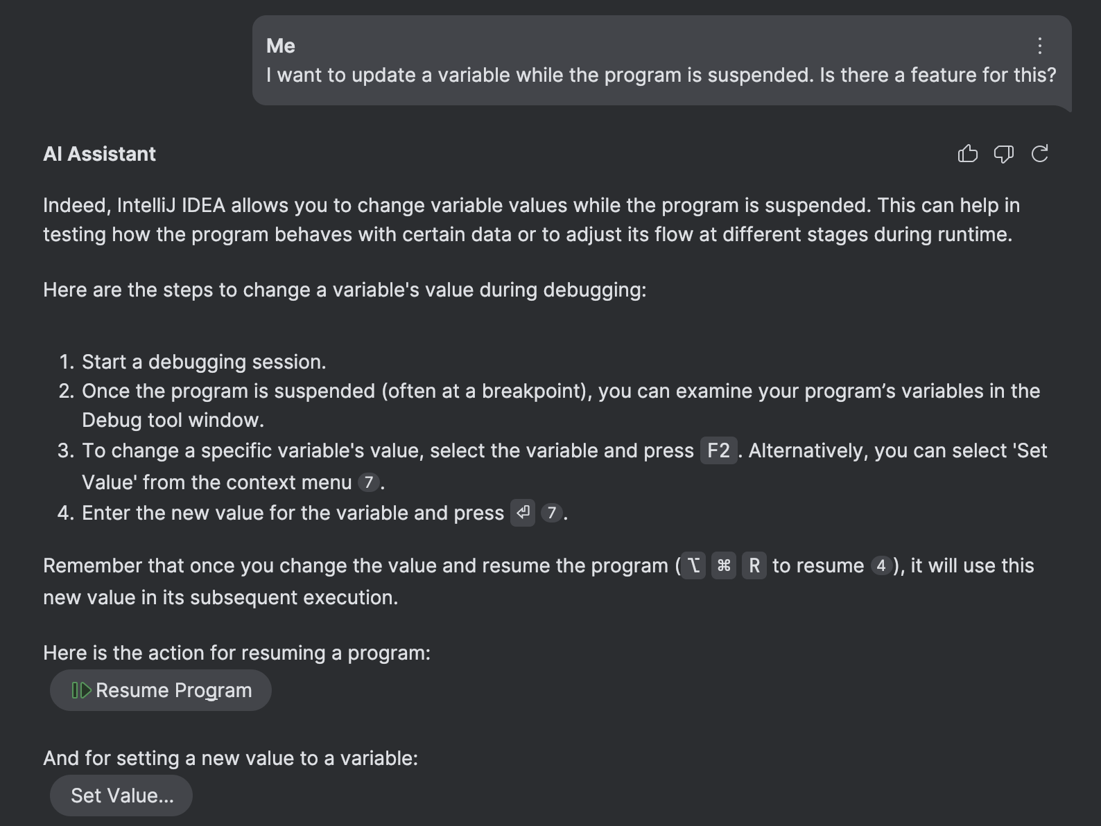 O Assistente de IA sugere o recurso correto (Definir Valor) para uma solicitação que fala sobre 'Atualizar uma variável'