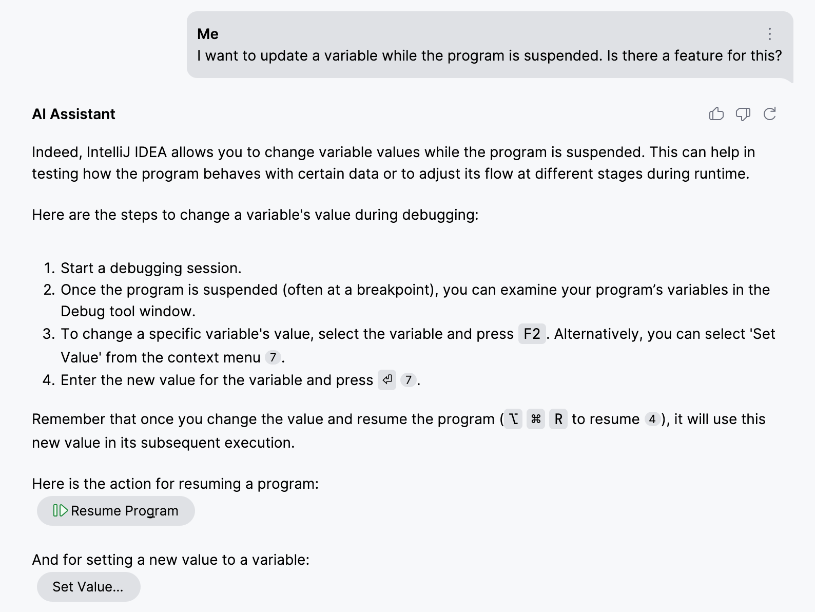 O Assistente de IA sugere o recurso correto (Definir Valor) para uma solicitação que fala sobre 'Atualizar uma variável'