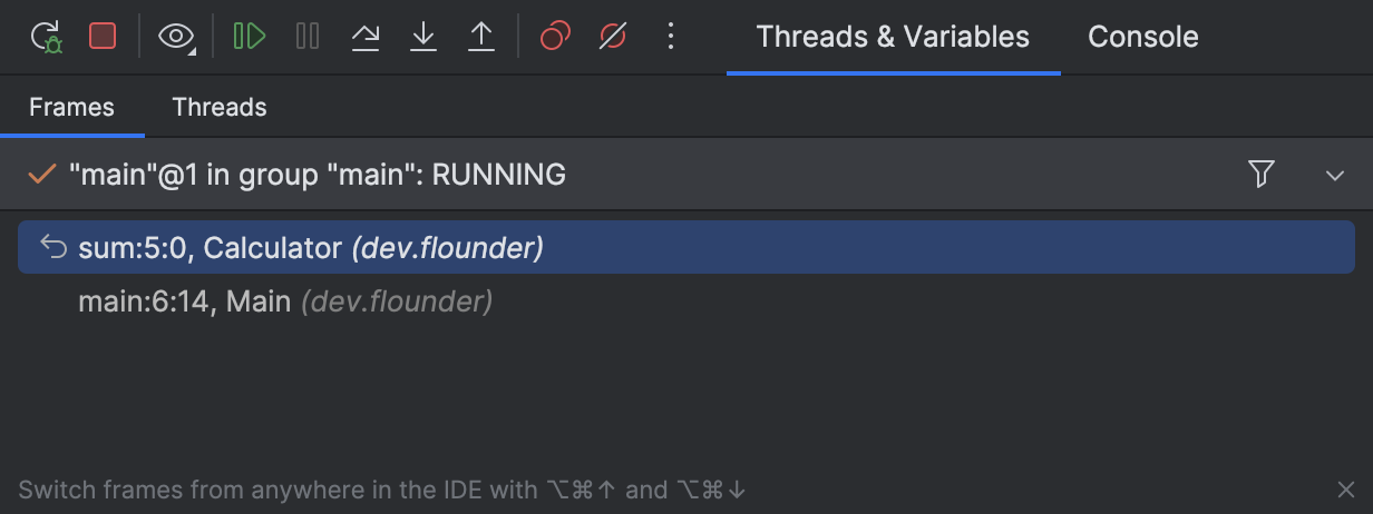 IntelliJ IDEA shows the bytecode offset right next to the line number in the 'Frames' tab