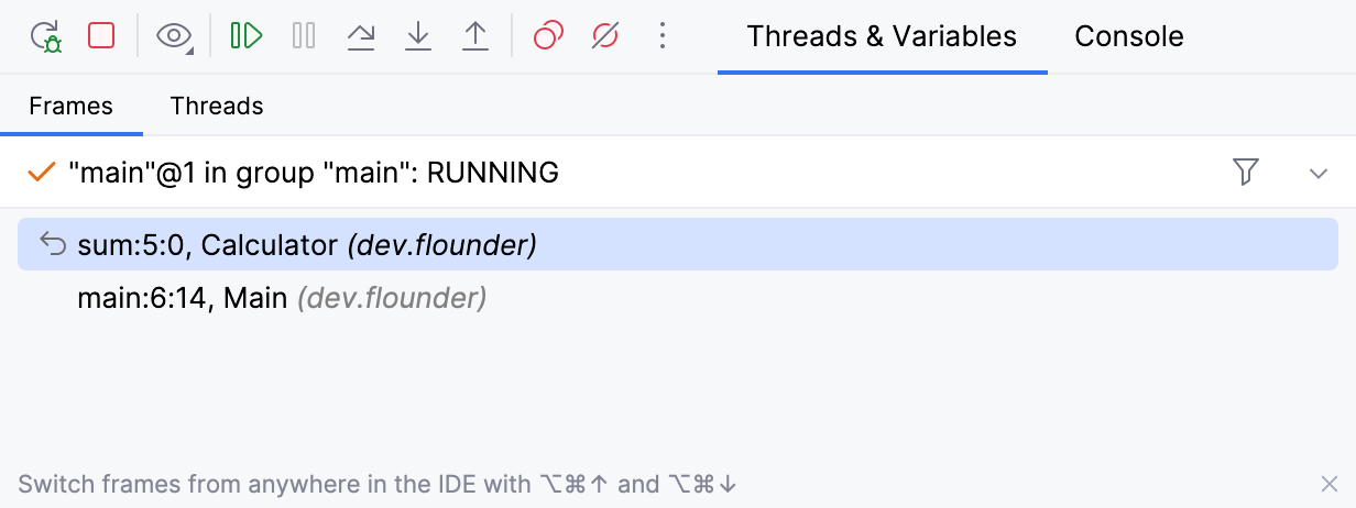 IntelliJ IDEA shows the bytecode offset right next to the line number in the 'Frames' tab