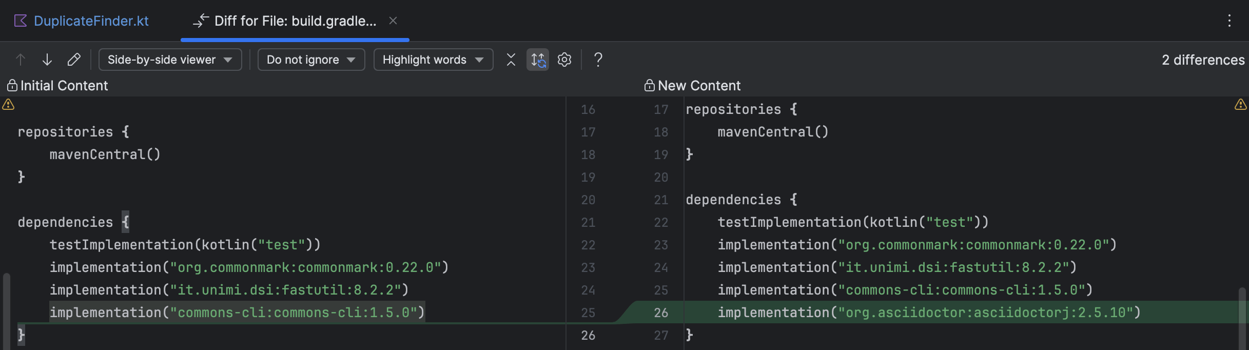 IntelliJ IDEA's diff tool showing added, deleted and modified lines