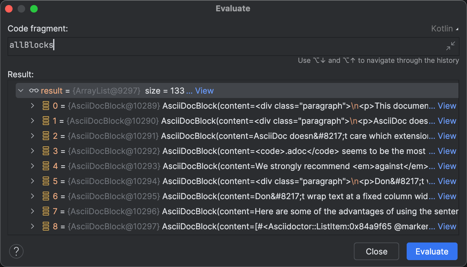 'Evaluate' dialog with the list of parsed blocks