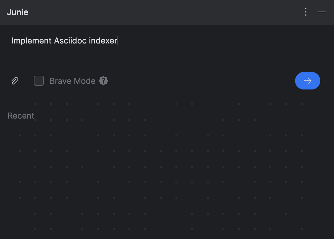 Junie tool window with a prompt field, attachments, and the 'Brave Mode' button