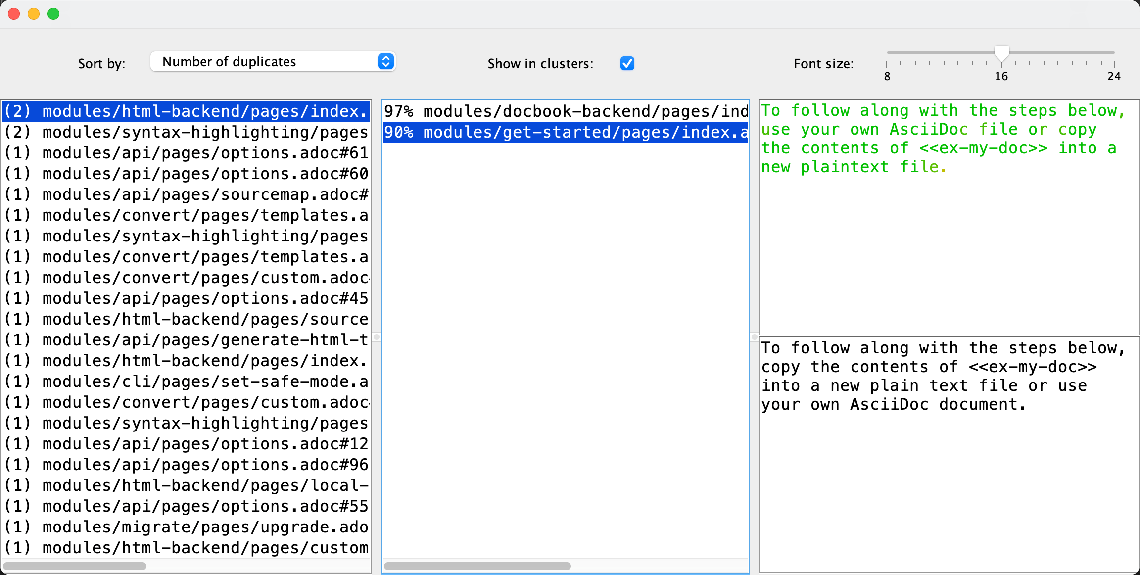 Duplicate Finder UI showing duplicates in AsciiDoctor help