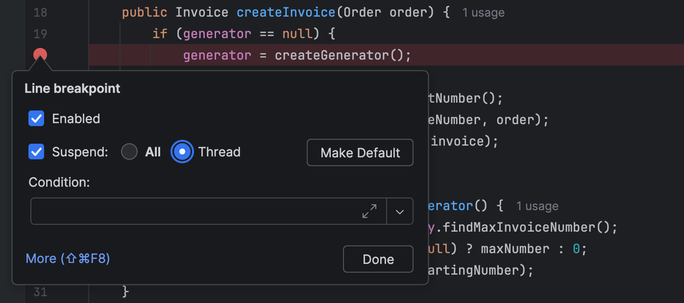 Diálogo de configurações de ponto de interrupção com política de suspensão definida como Thread