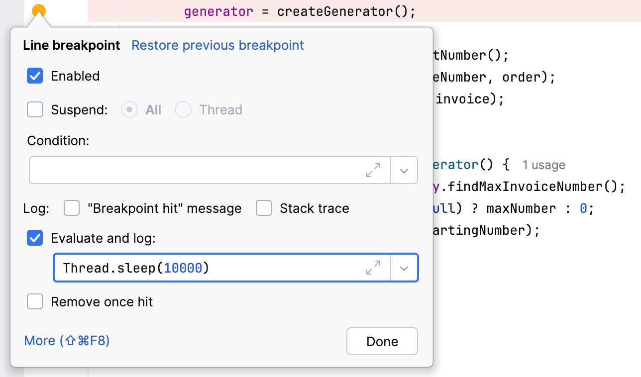 Ponto de interrupção com expressão de avaliação e log contendo Thread.sleep para simular execução lenta