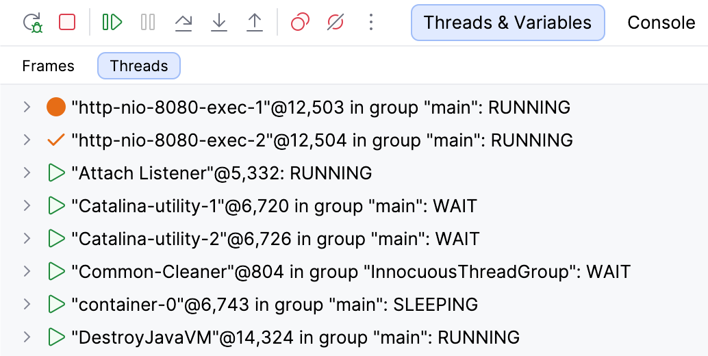 Aba Threads mostrando dois threads parados no mesmo local de ponto de interrupção
